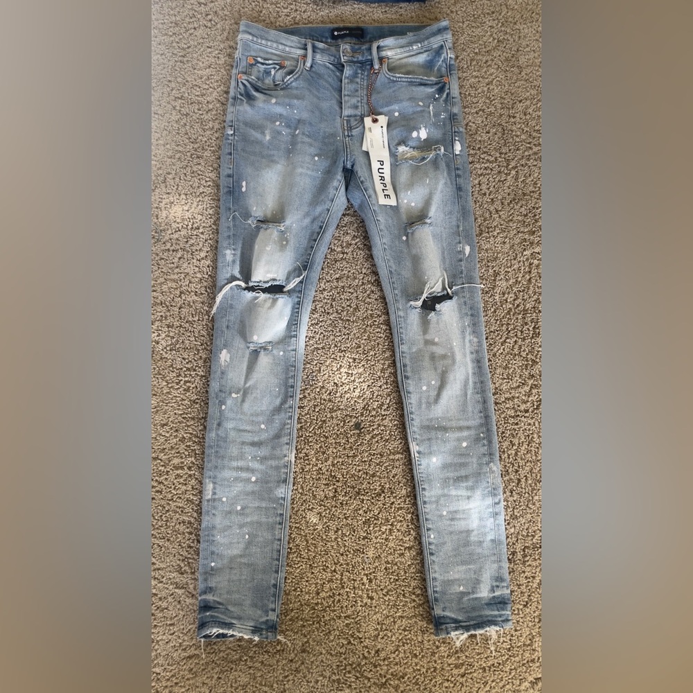 Purple Brand Skinny Jeans - Light Blue w/ White Paint Splatter